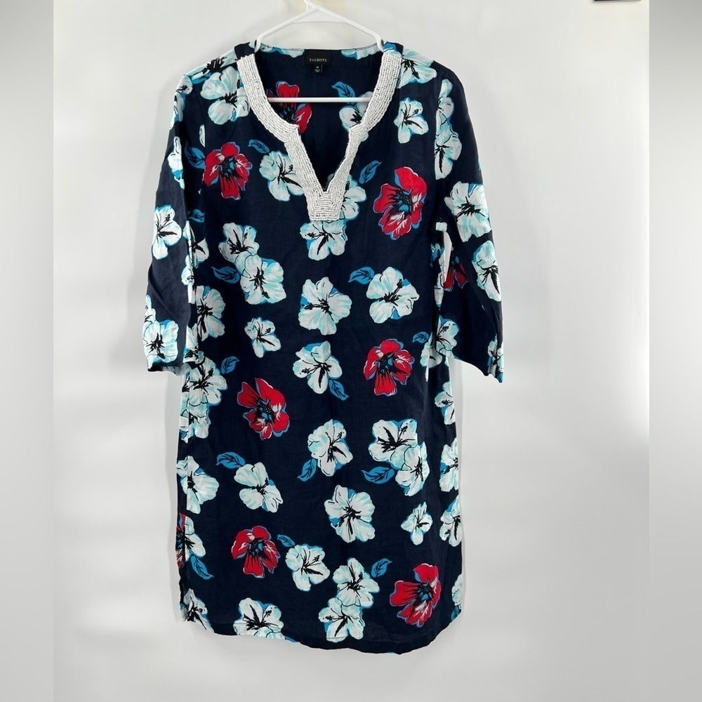 Talbots 100% Linen Dress Swim Cover Up Blue Floral Faux Pearl Bead Neckline Sz M
